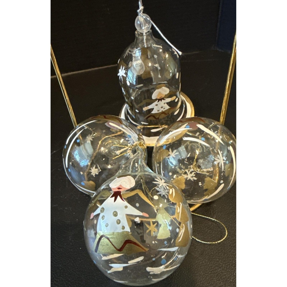 Hand Painted Blown Glass Angel Christmas Ball Bell Tree Ornaments Set Of 4 VTG